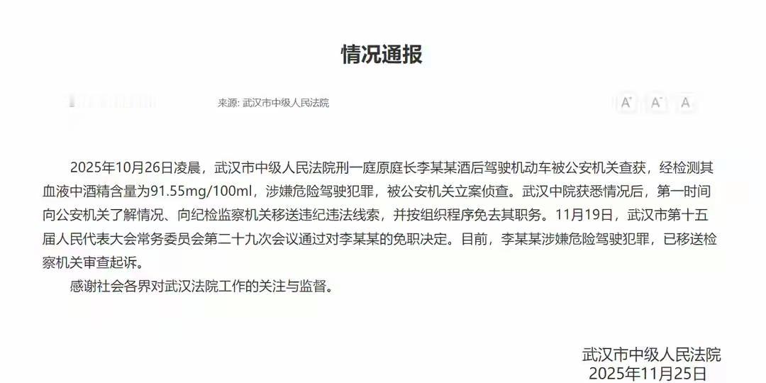 武汉中级人民法院的通报还可以更加清晰一点！针对武汉中院刑一庭庭长李济森醉驾一事