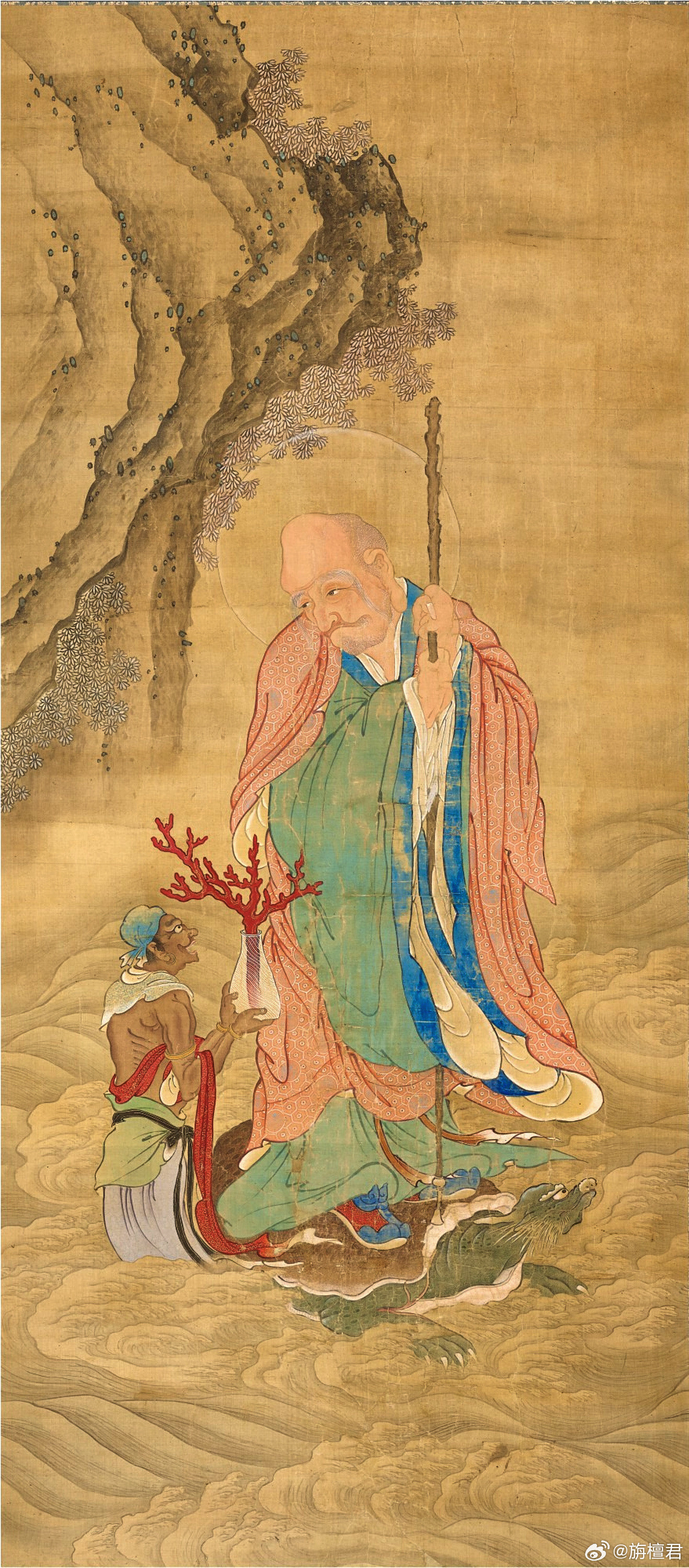 佛画明代(佚名)渡海罗汉图材质：绢本设色尺寸：190.5×83.7厘米整幅