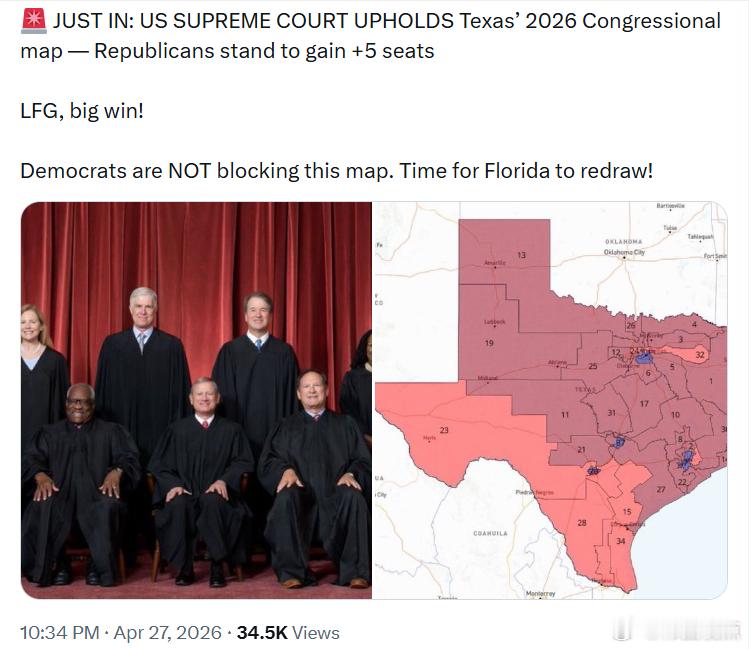 美国最高法院维持了德克萨斯州2026年国会选区地图的合法性——共和党有望因此增加