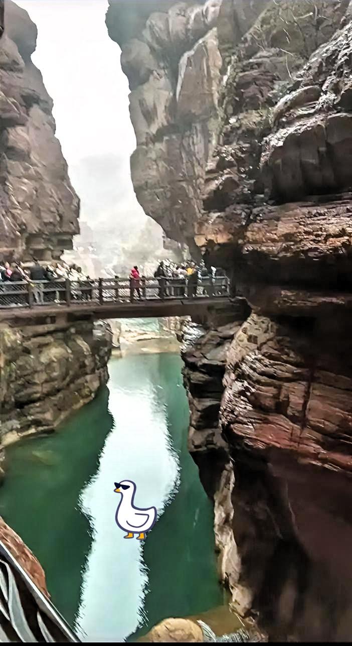 云台山的风景！这地方看着就带劲！两边是陡峭的红褐色岩壁，中间夹着一汪碧绿的水