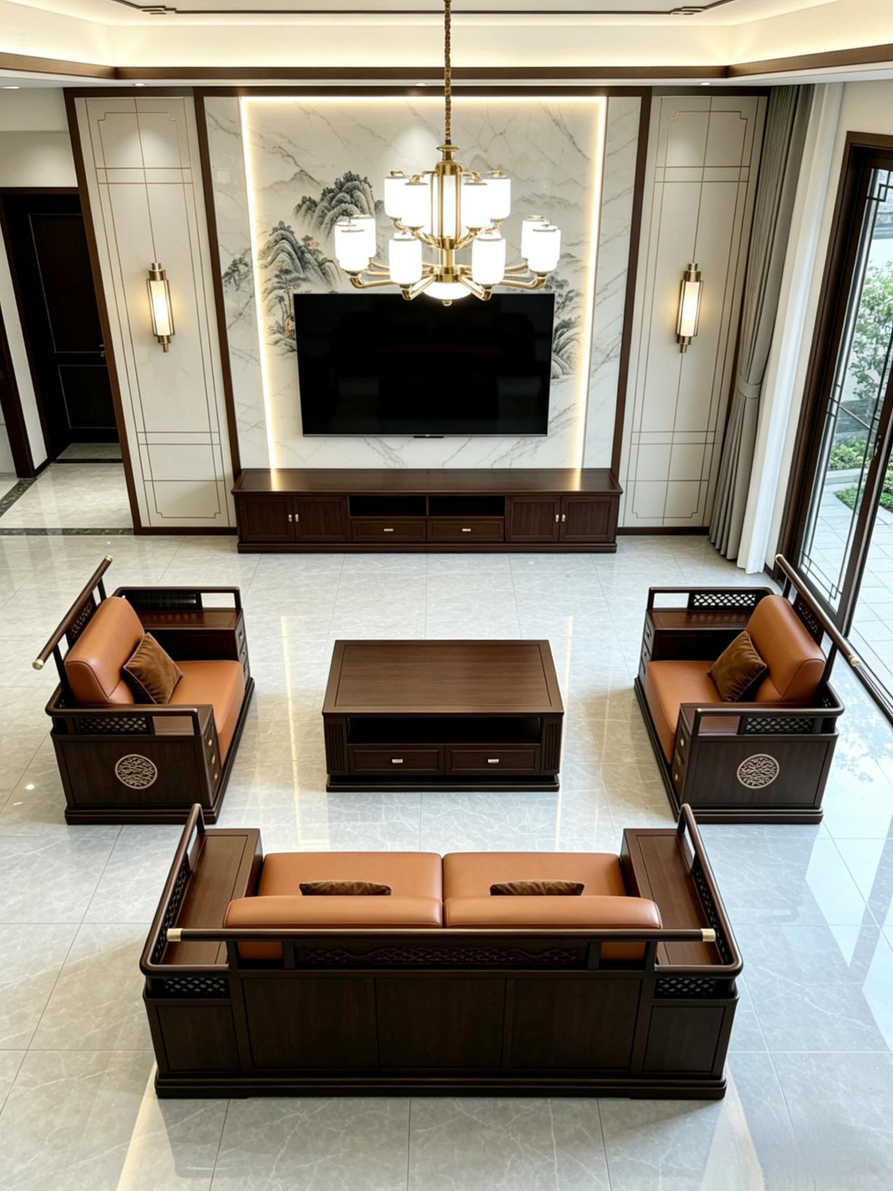 农村客厅这样摆沙发，大气又舒服！新中式实木沙发，款式简单大方，坐上去软硬适中，越