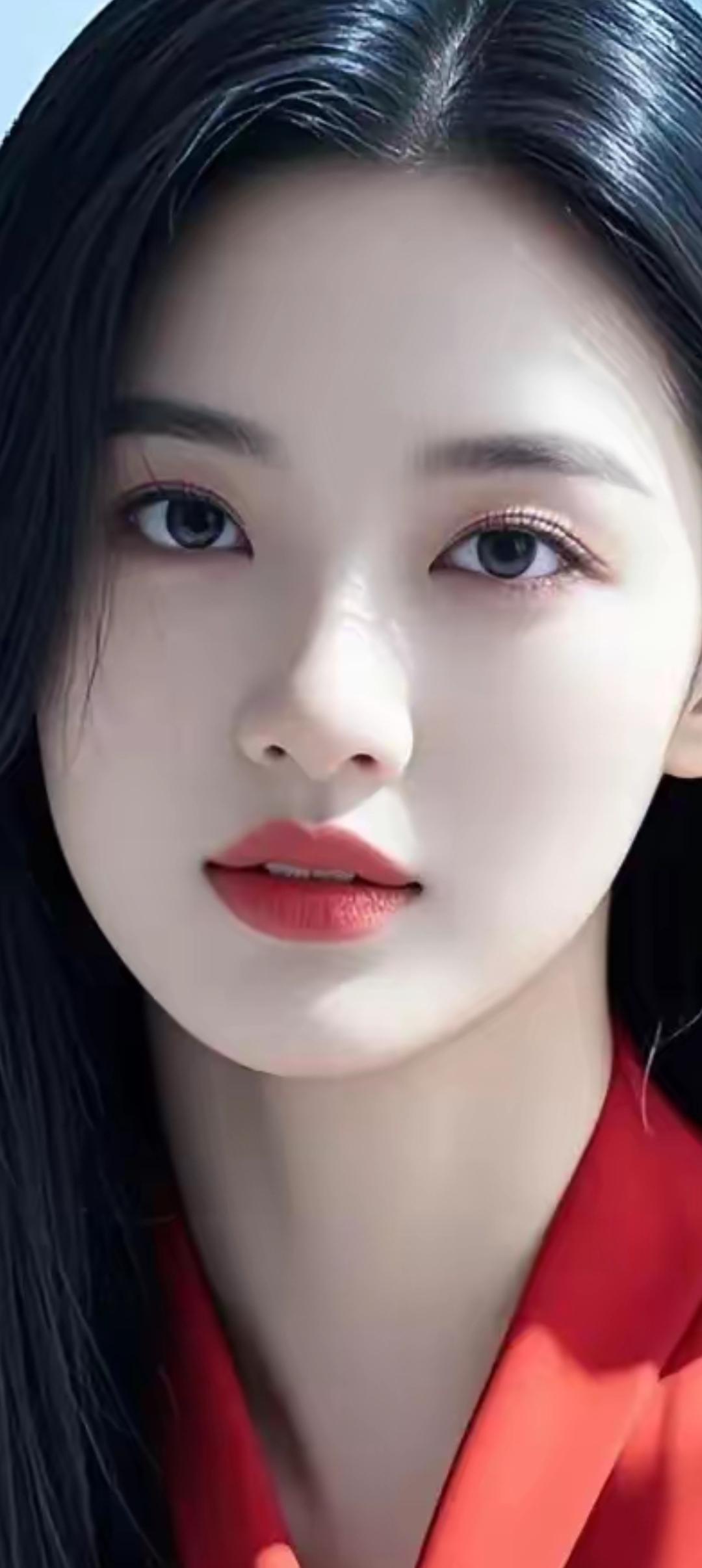 优雅红衣少女，惊艳的五官，精致的妆容，散发着自信与魅力。