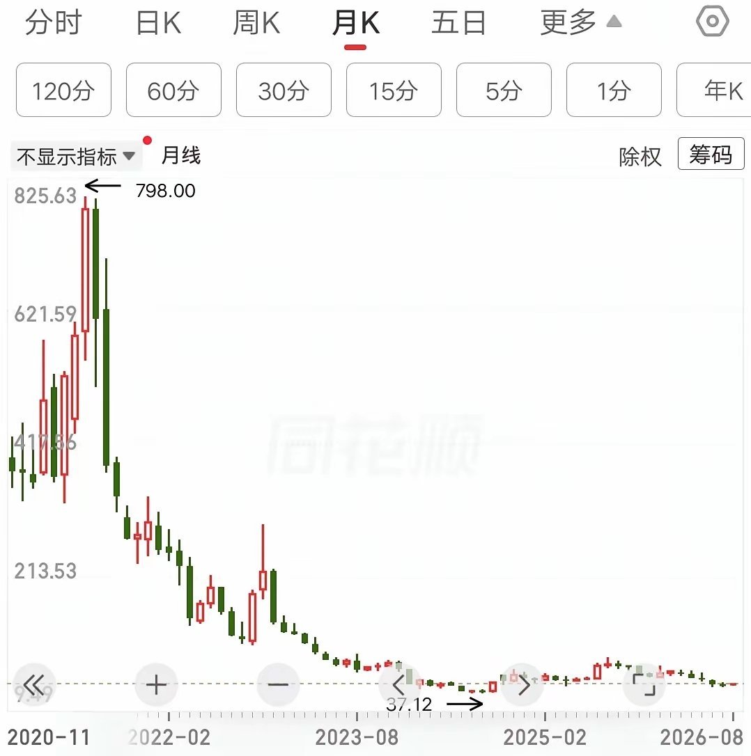 持仓亏损94％你们见过吗？一位股民买的票，从798元跌到51元，蒸发了九成多的市