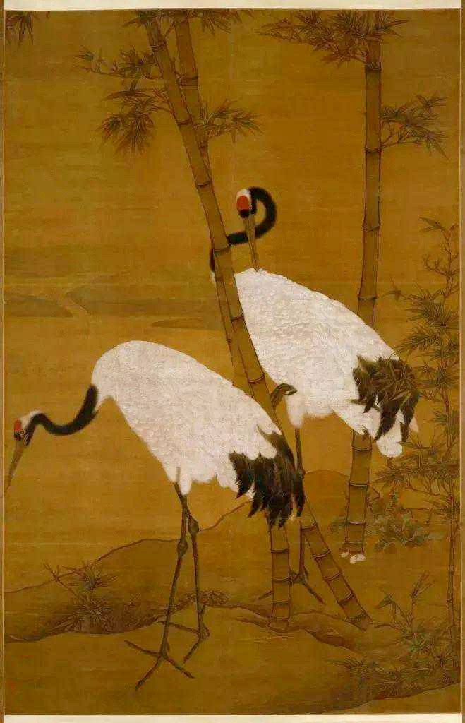 明边景昭，《竹鹤图》，画中一对仙鹤姿态优雅，轩昂高洁。因尺幅巨大，画中双鹤更是