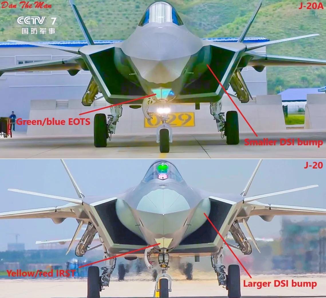 J-20与J-20A正面之比较由于配备了360度全向EOTS，J-20A具备了