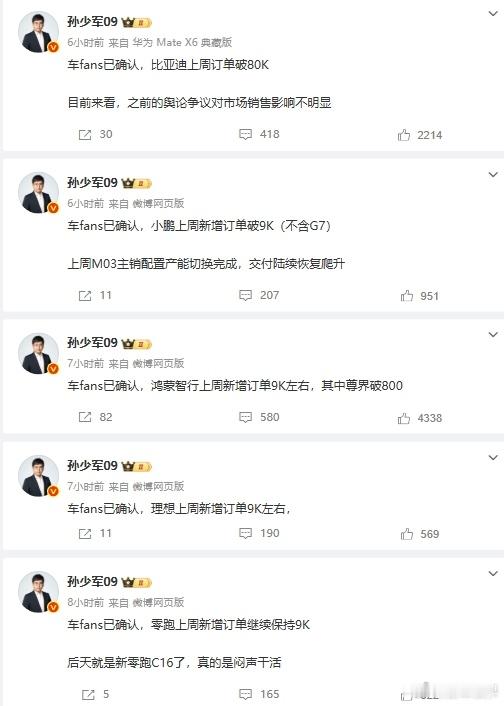 上周新增订单数，零跑、理想、小鹏、鸿蒙智行都保持在9k左右，比亚迪就只能另起一行