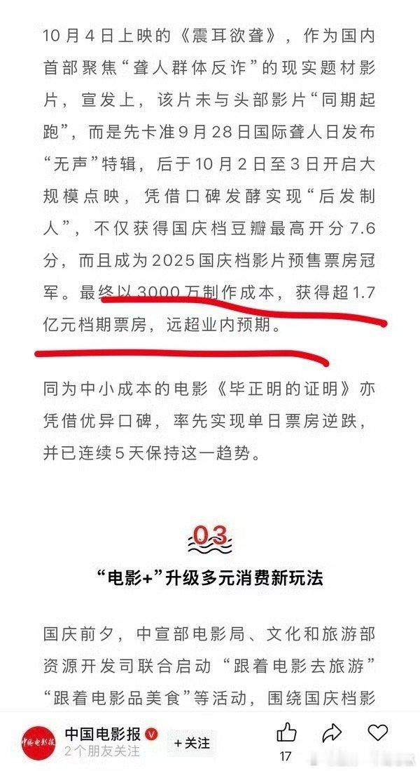 中国电影报发文：檀健次震耳欲聋制作成本才3000万喔，票房远超业内预期​​​