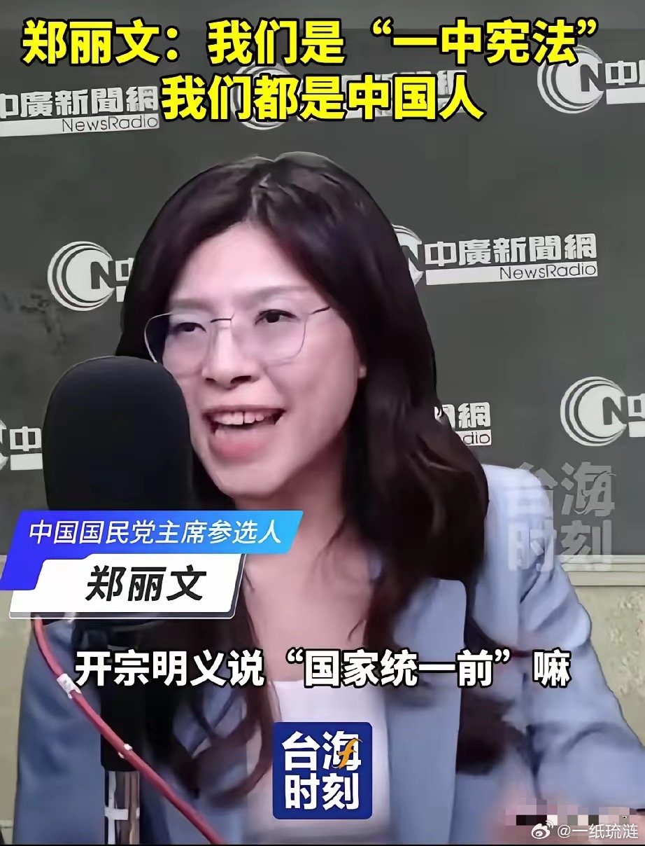 郑丽文又改口了，她说，我们是“一中宪法”，我们都是中国人。​她说，台湾所有人，都