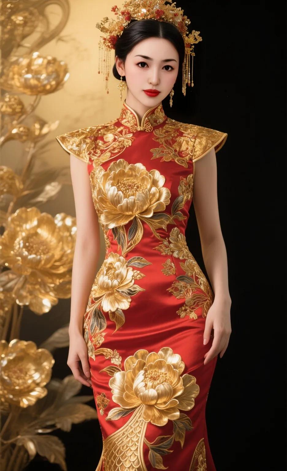 这身旗袍真华丽，像是从古代穿越来的。太美了！旗袍秀东方美人新中式旗袍美女旗袍