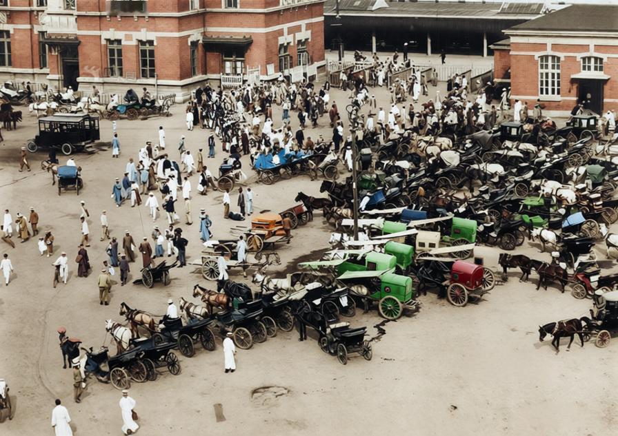 这张照片拍摄于清末至民国初期，奉天车站前的繁忙景象。车站广场中央及右侧密密麻麻停