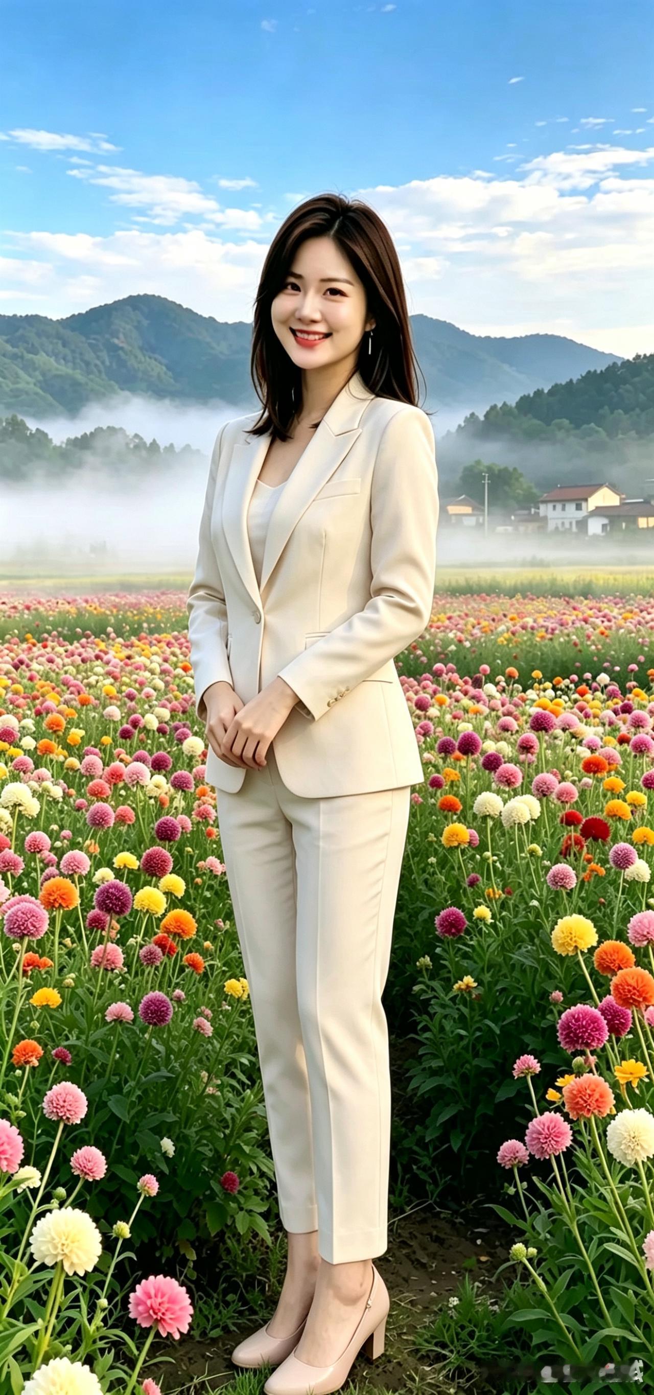 山间彩色花田铺满坡地，晨雾绕着远山，藏着静谧乡村晨光连片球状花卉铺满整片平