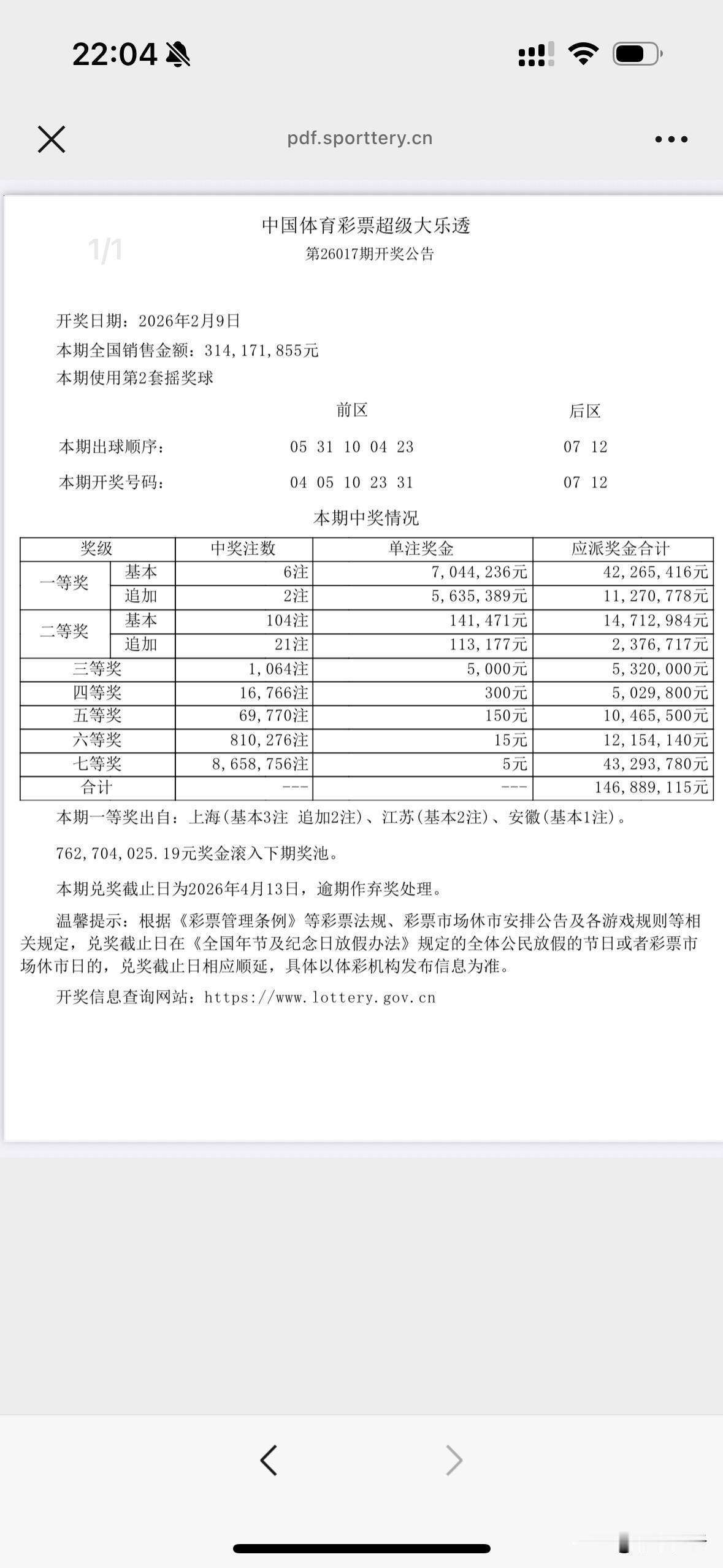 一人或独揽2535万巨奖！大乐透头奖6注704万其中2注追加达1267万元，这两