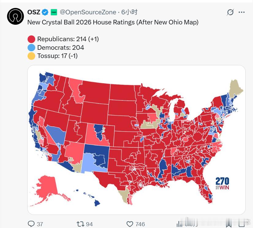 【黄金时代】在俄亥俄选取图成功划分后，2026年中期选举最新水晶球预测，国会：?