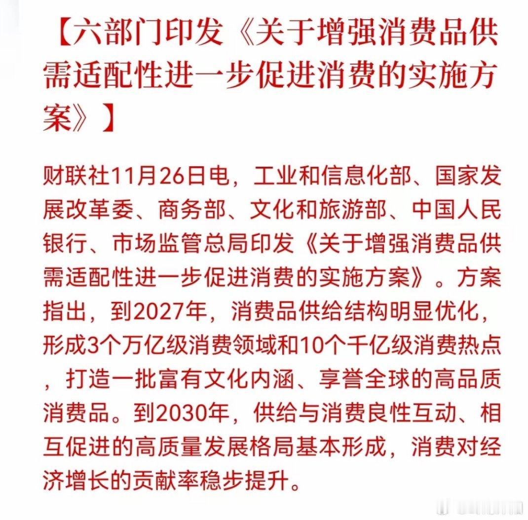 六部门重磅出台促消费新政，为大消费板块送来强心剂！此次政策聚焦“供需精准适配”，