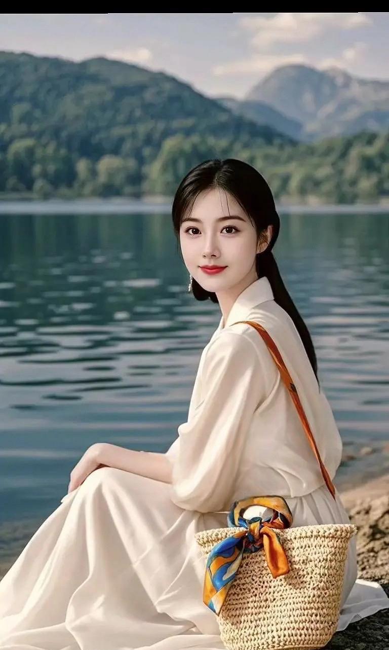 湖畔天仙在湖的静谧之畔，你静坐成一幅绝美的画卷。白色的裙裾，似流云舒展，