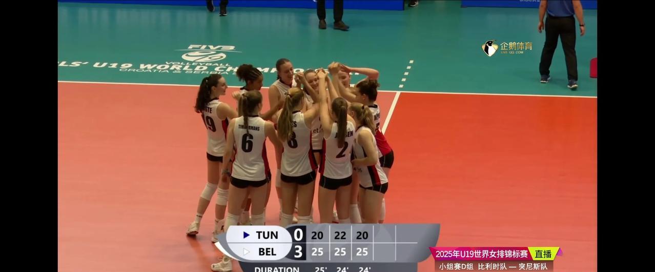 U19女排世锦赛，D组比利时女排3-0胜了突尼斯女排。D组的中国队、日本队、意