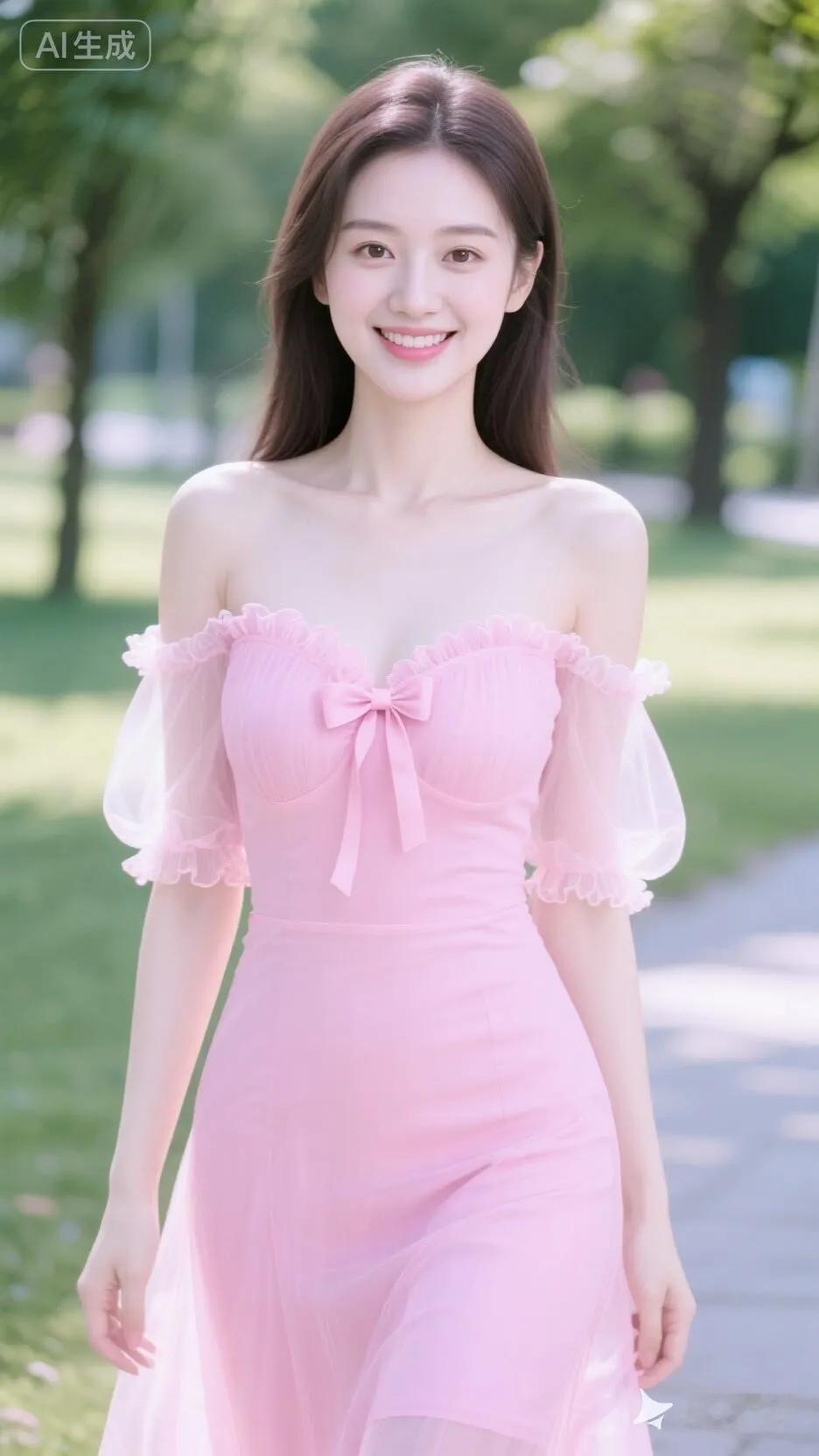 粉裙飘飘，笑语盈盈。