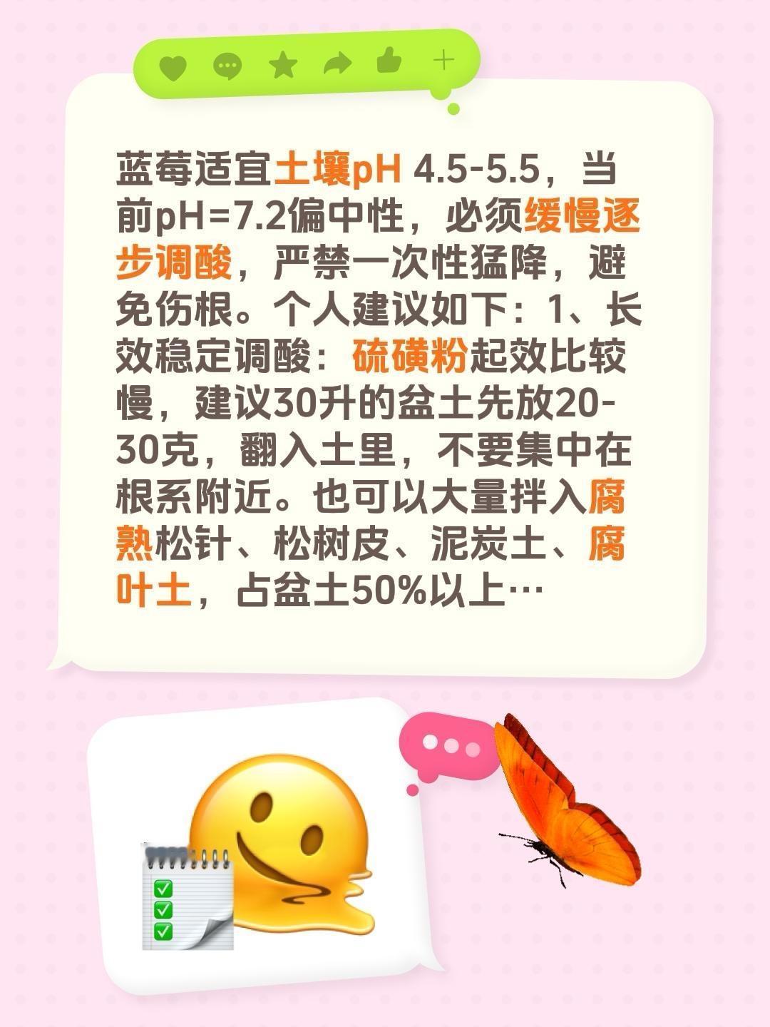 我回复了@半个圈的评论：蓝莓适宜土壤pH4.5-5.5，当前pH=7.2偏