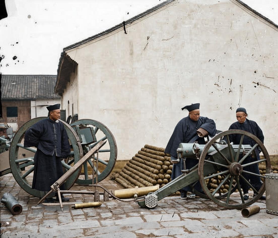 1871—1872年，南京金陵机器制造局，两名清廷官员和一名技术人员，他们正查验