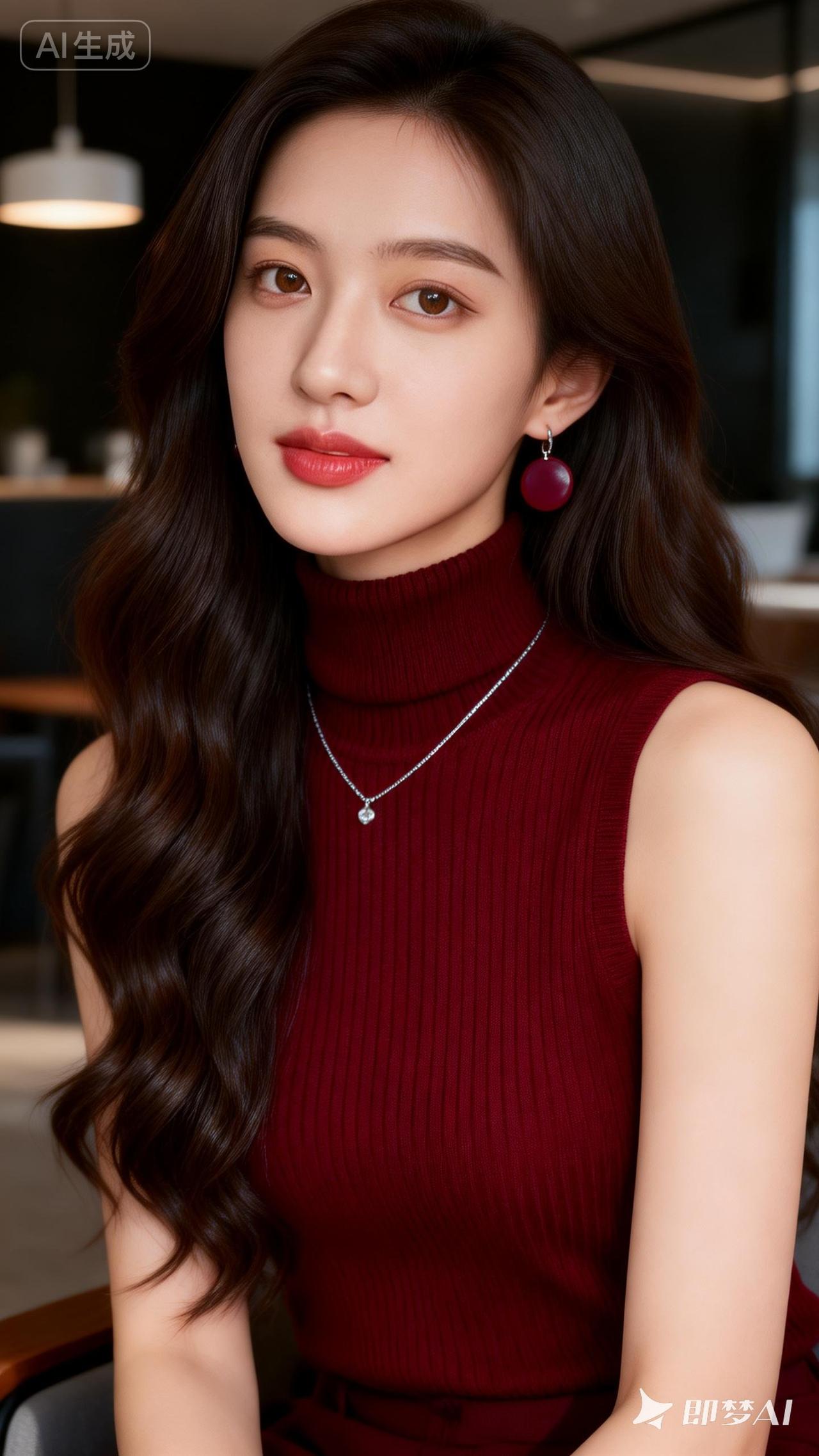 优雅红衣少女，精致妆容，气质动人