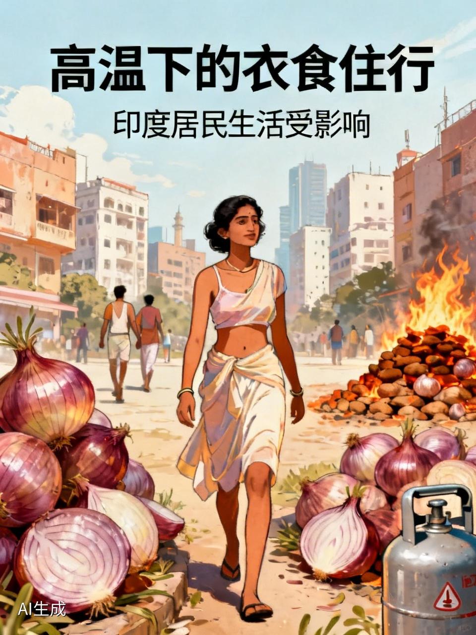 高温天气对印度居民衣食住行影响巨大。衣方面，居民只能选择轻薄透气的衣物来应对酷