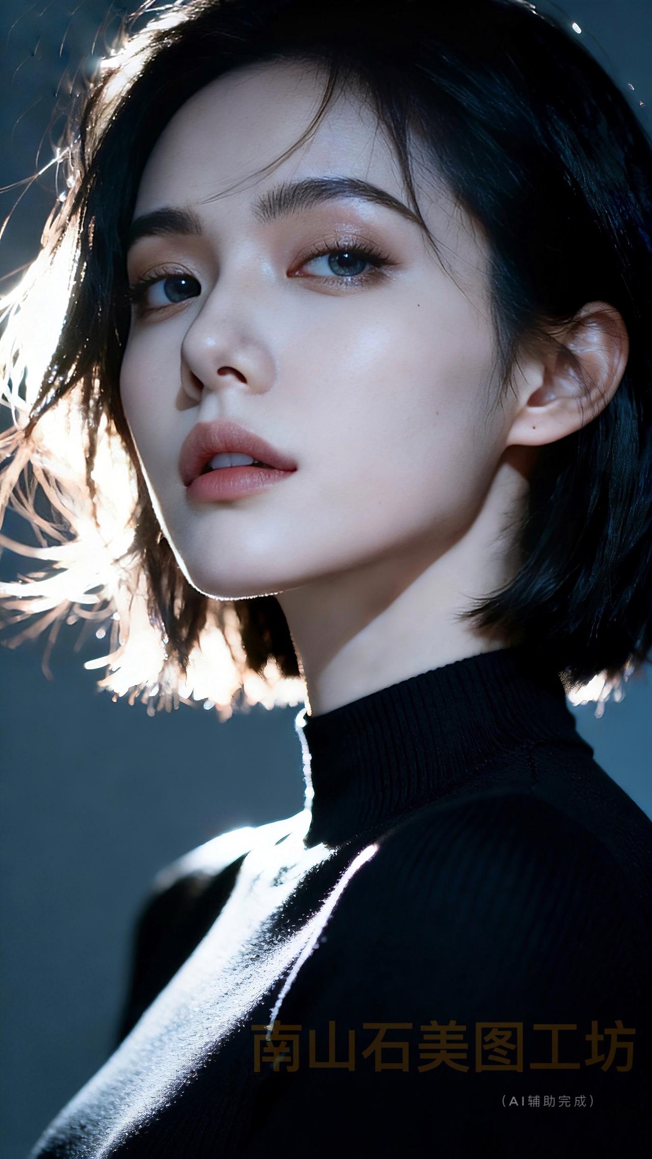 黑衫裁骨相，光缕缠发梢，眸中盛着星子与风骨，在冷调光影间，将优雅与飒意织就成诗，