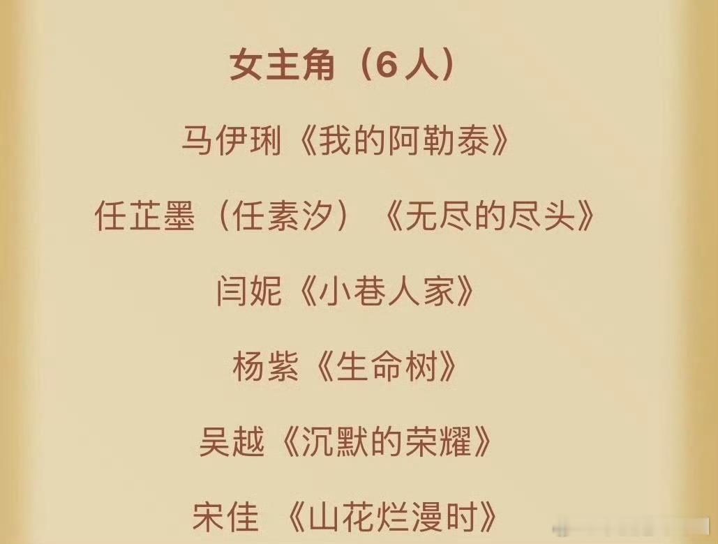 第33届中国电视金鹰奖最佳女主角提名：马伊琍任素汐闫妮杨紫吴越宋佳