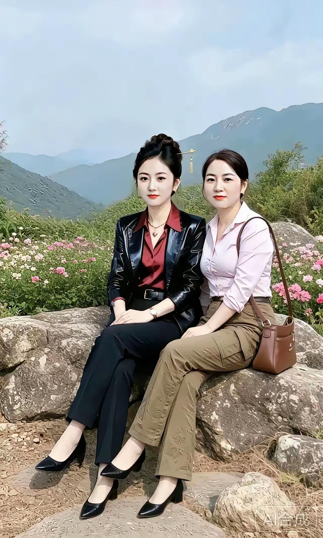 姐妹气质高，游玩坐山腰。友谊比金贵，留念拍玉照。