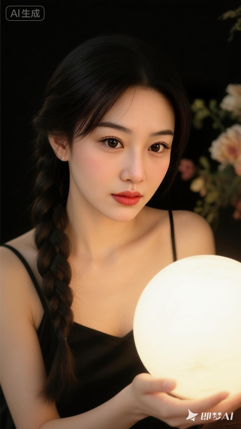 一位年轻女性身着黑色吊带裙，头发编成一条精致的侧麻花辫。她手持一个圆润的球形灯，