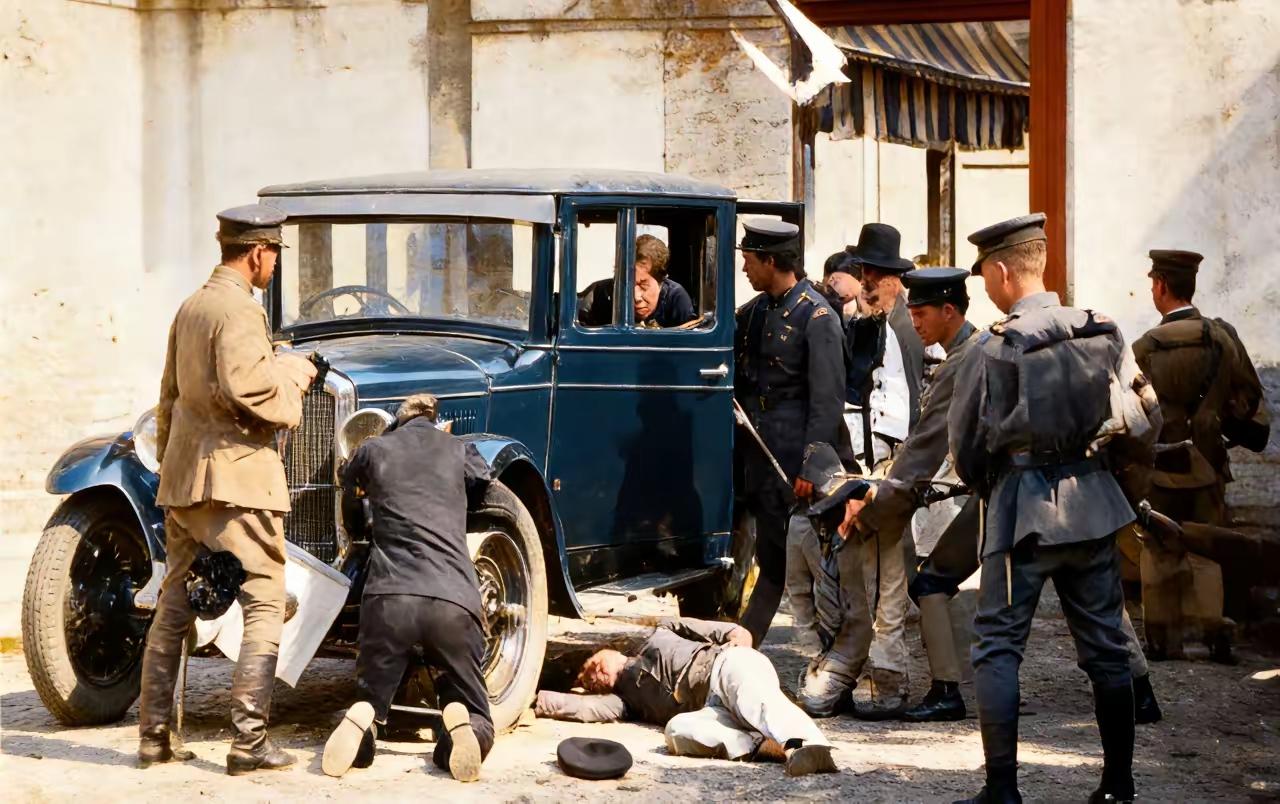 1931年，日军侵占沈阳后在街头搜查车辆并随意杀人。一辆路过的汽车被日军逼停，车
