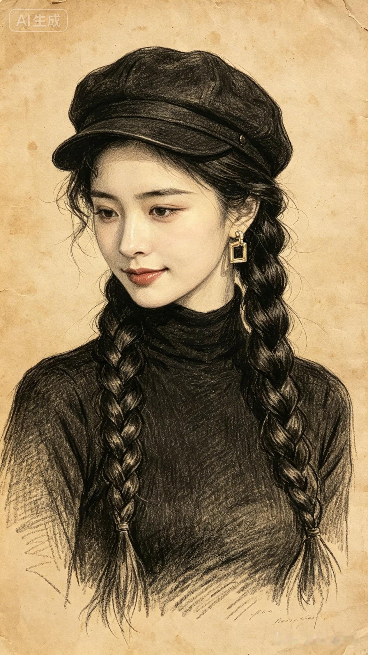 这姑娘扎着辫子，戴着帽子，好可爱。
