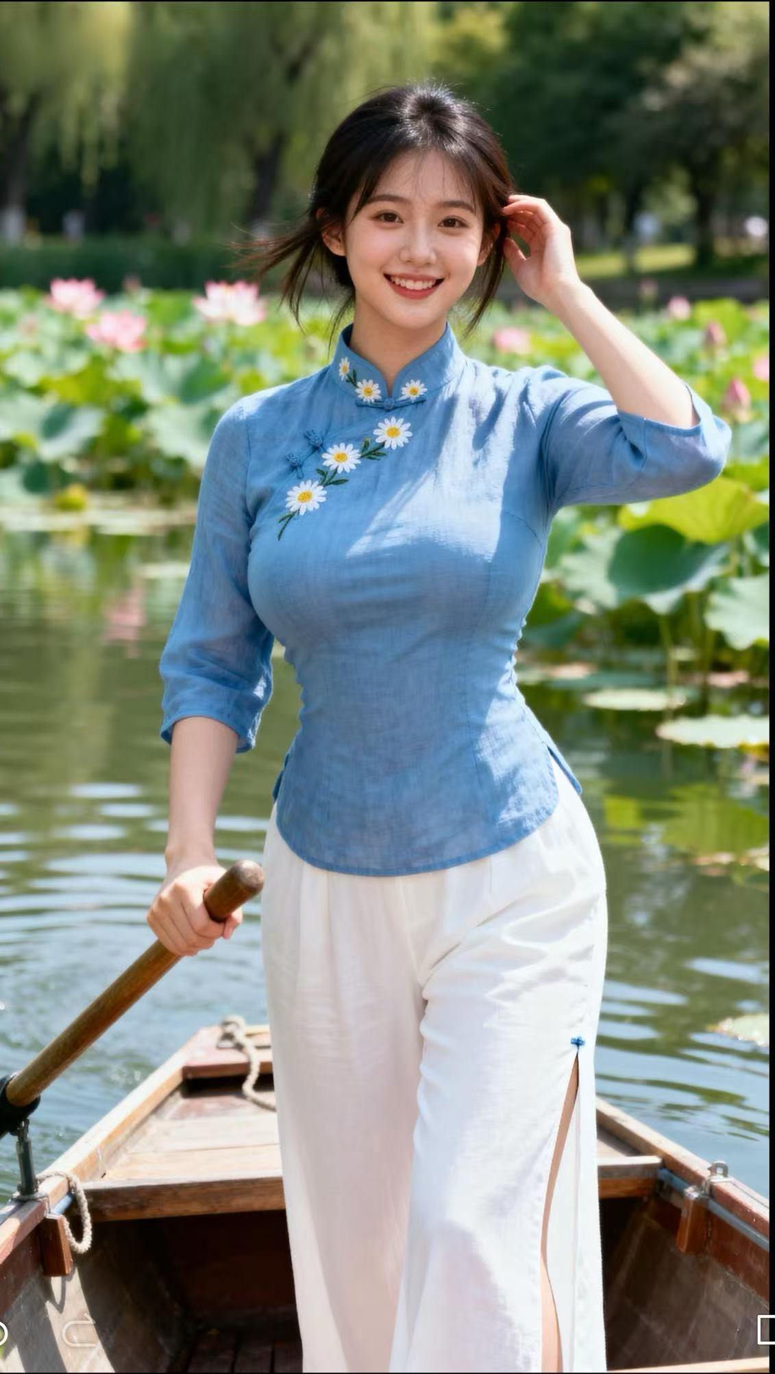 荷塘雅韵夏日清风，拂过垂柳梢头，一女子轻舟泛于荷塘之上。她身着靛蓝绣花短袄，