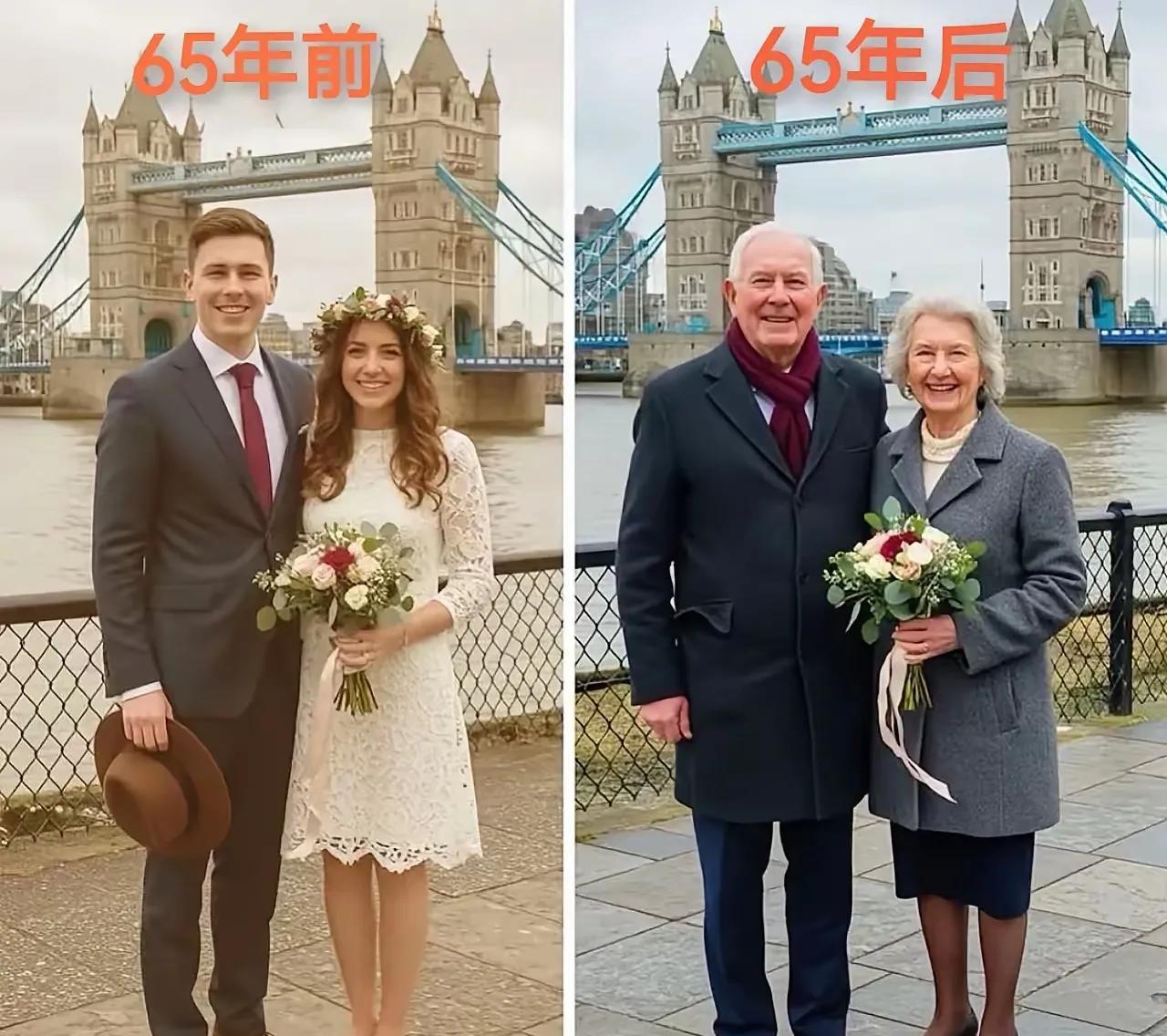 这是一对夫妻，相隔65年在同一地点的两张合影照。65年前丈夫一身西装，手拿礼帽
