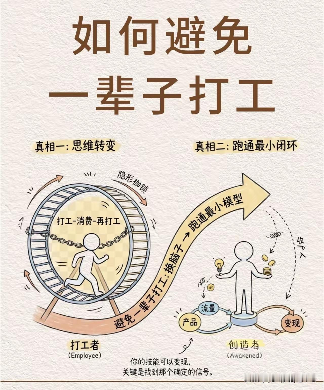 用⏰去换钱，你永远是个打工人，打工——消费——再打工。在这个轮子里跑了一生。残