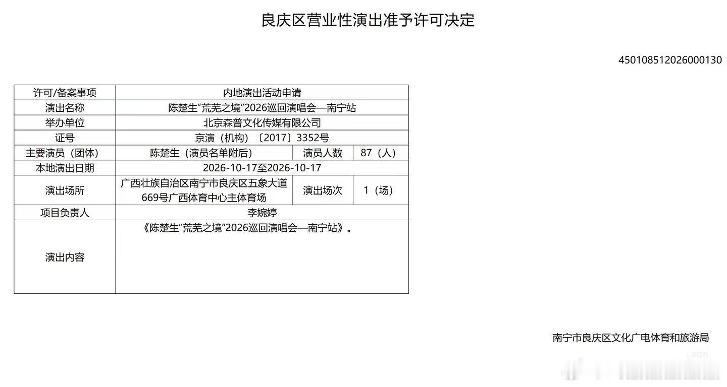 陈楚生"荒芜之境"巡回演唱会新增地点陈楚生"荒芜之境"2026巡回演唱会一南宁站