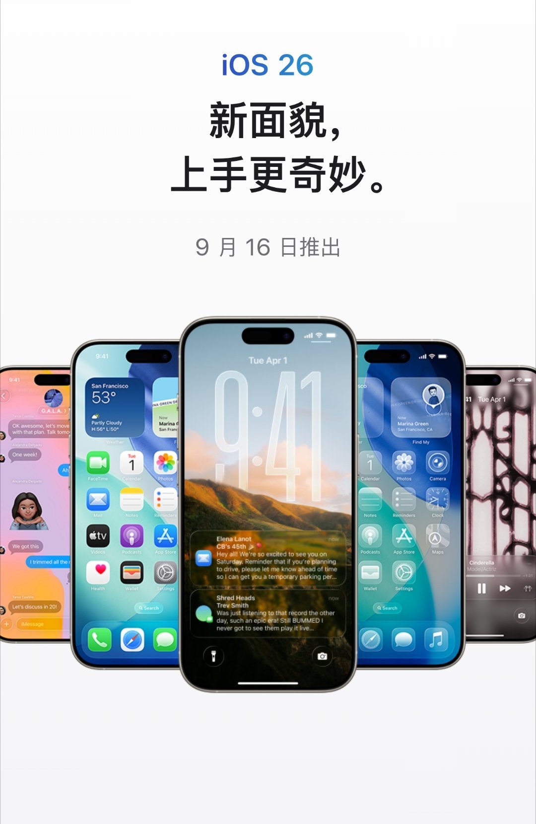 iOS26 的核心更新涵盖三部分：设计上融入LiquidGlass，对锁屏、主