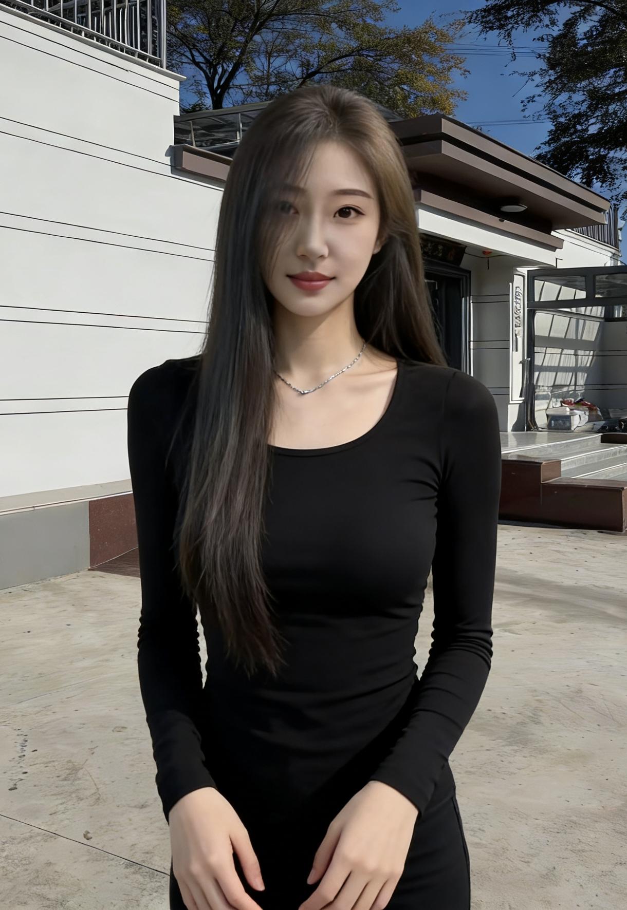 黑衣是夜的碎片，被她穿在身上在晴日里，与光撞出温柔的和弦长发如瀑，淌过肩头，