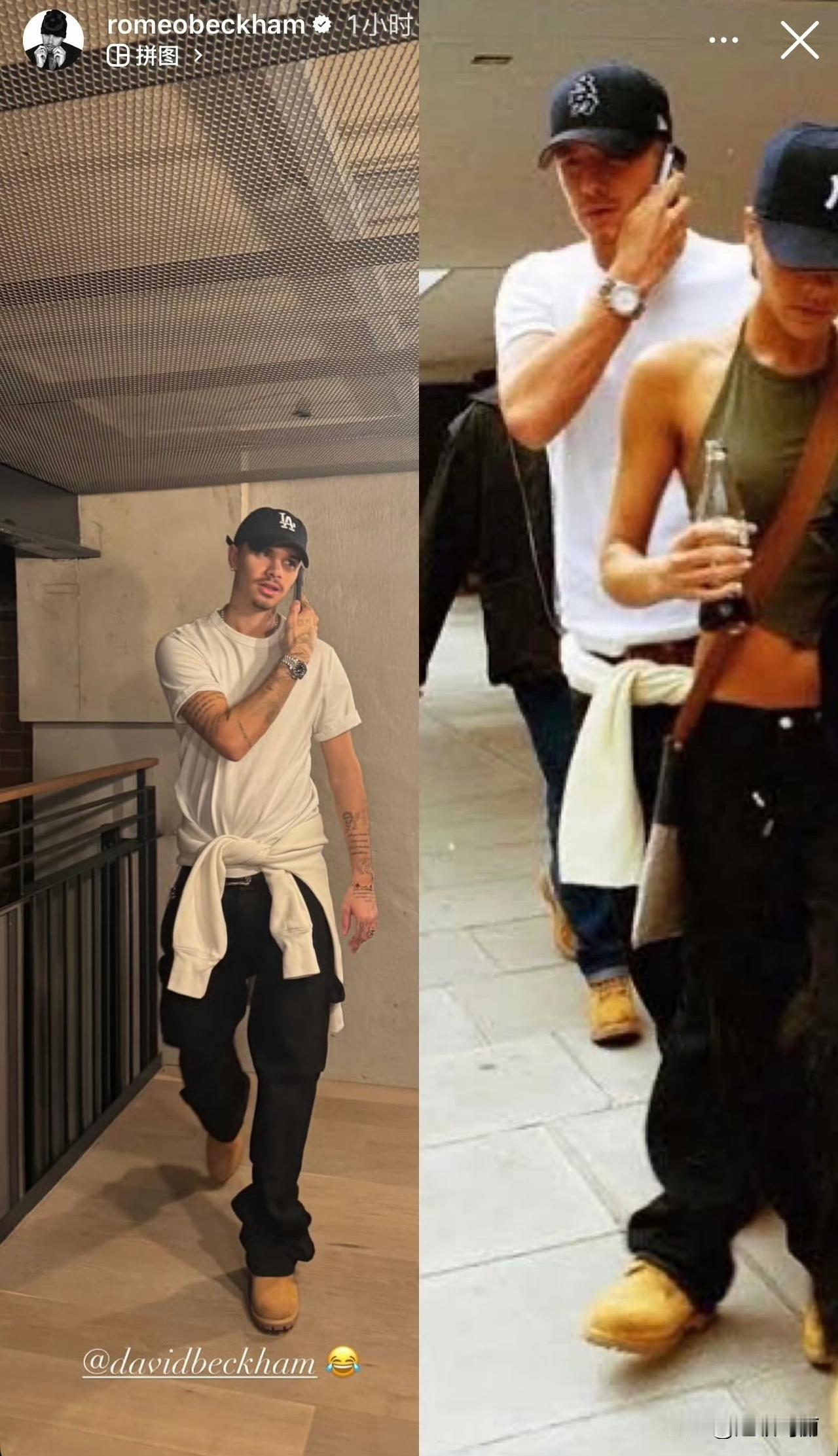 罗密欧模仿老爸年轻时的造型，无法超越老爸啊贝克汉姆时尚的完成度还有很大一部分靠