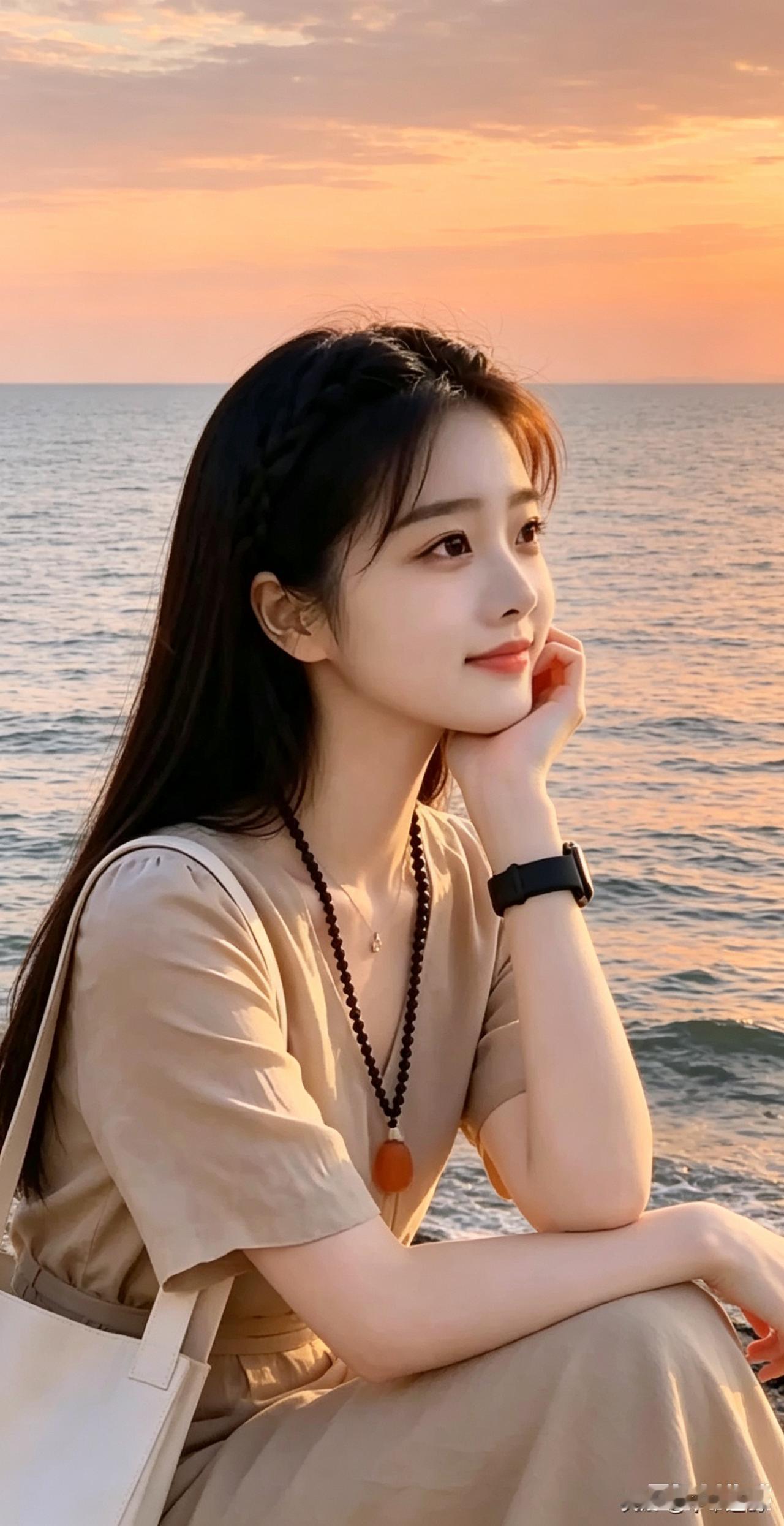 河畔少女闲思河畔枯草映斜阳，少女托腮望远江。长发垂肩随风漾，素衣淡淡气质