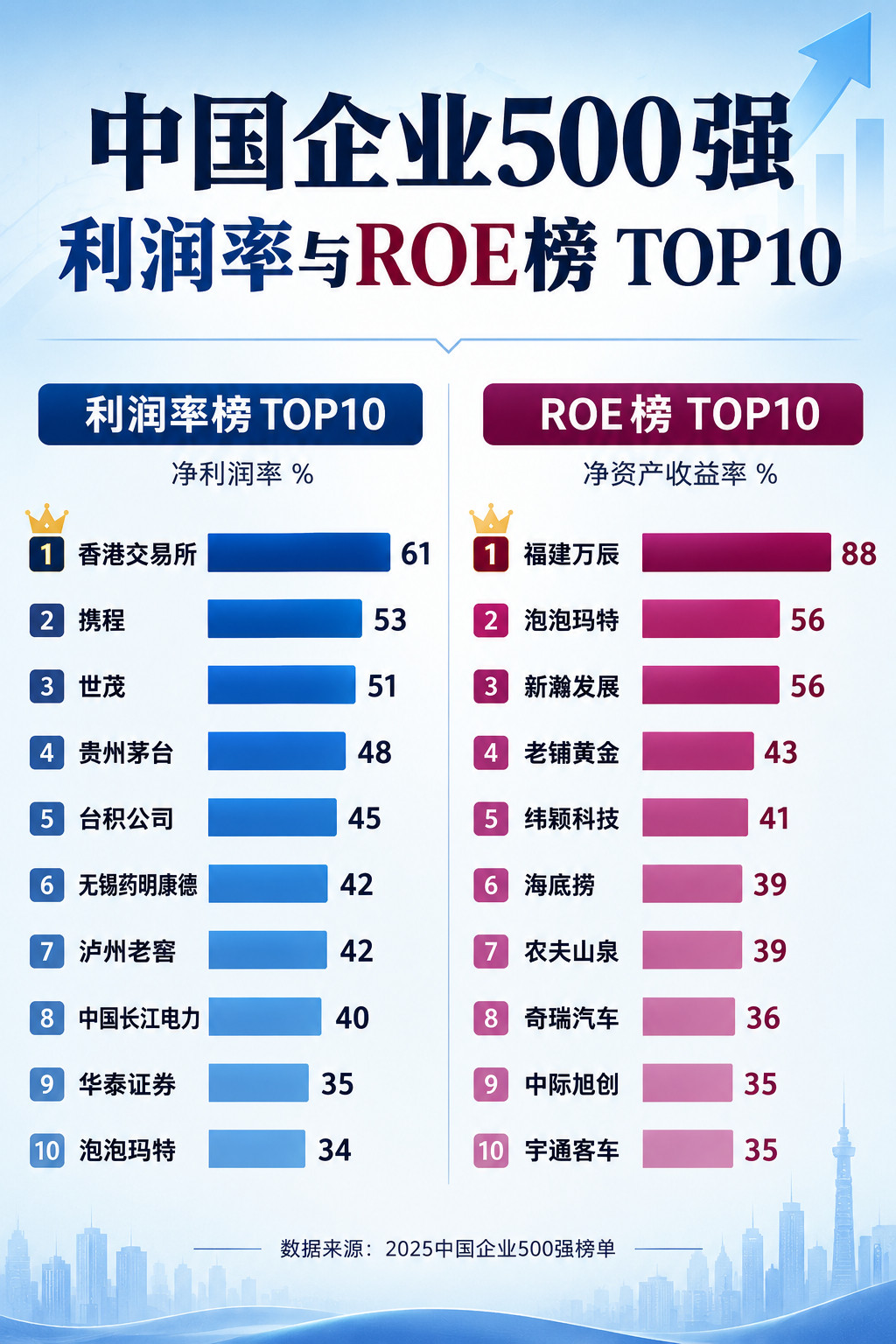 中国企业500强利润率和ROE之TOP10