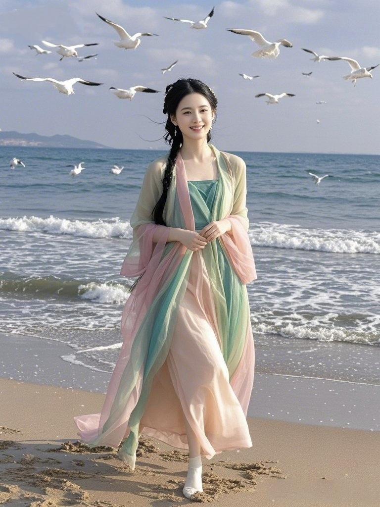 《海畔仙踪》潮声漫过金沙软，素履轻沾碎玉寒。罗袂随风舒广袖，青纱叠翠