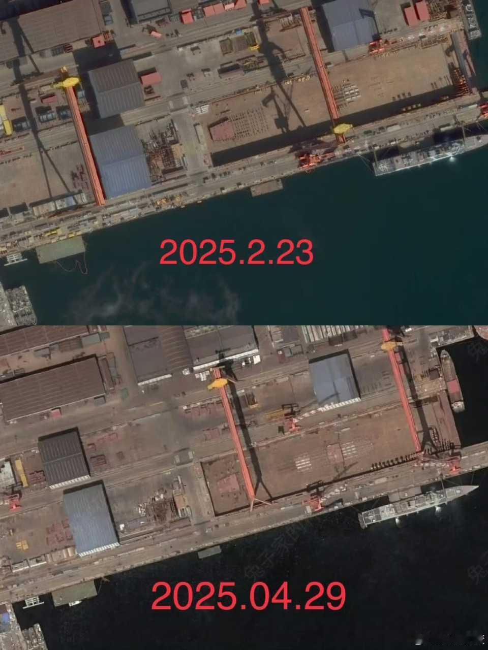 在003画十字停机线的同时，北方004也有变化了[并不简单]据传正对船坞的棚子