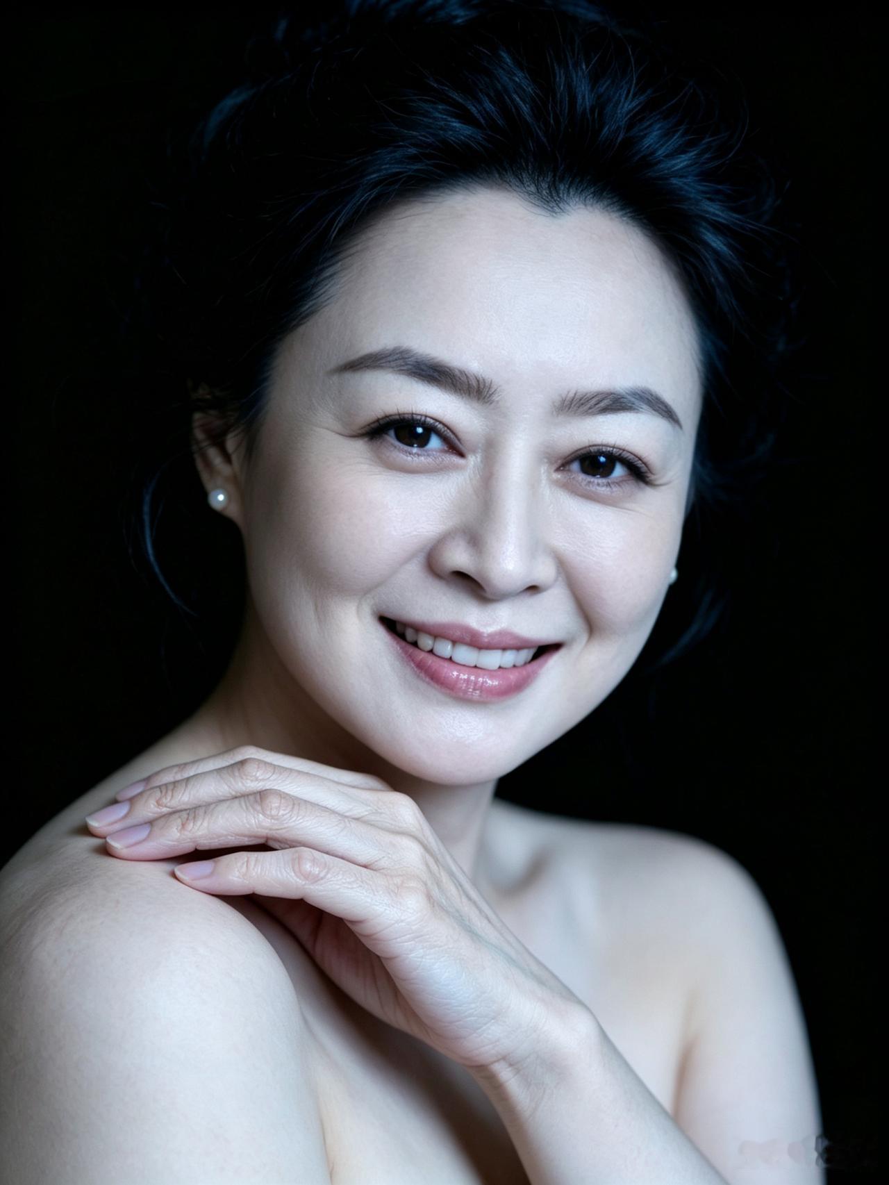 娴雅中年佳人黑发如云鬓若烟，明眸含笑展慈颜。珍珠耳饰添清韵，素态从容