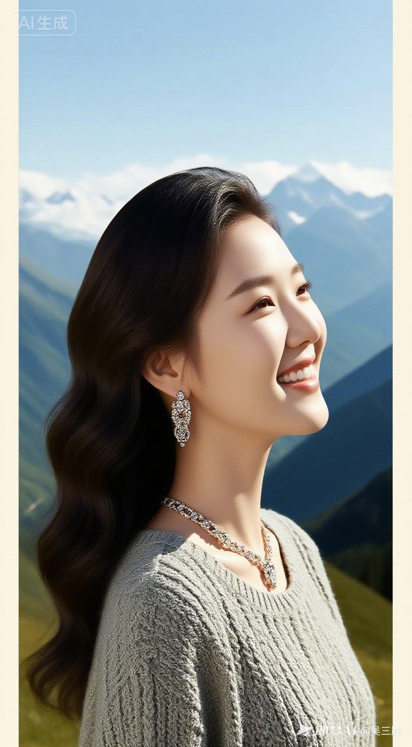 在雪山之巅，闪耀的珠宝与微笑相映成趣。