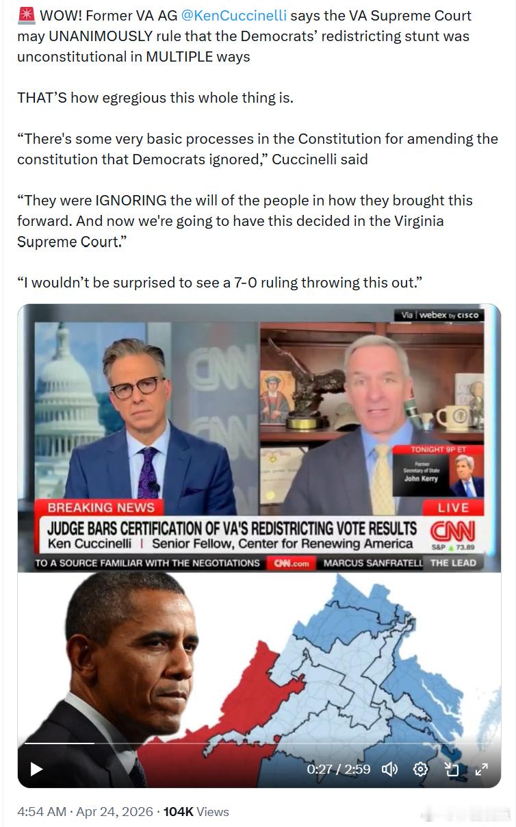 前弗吉尼亚州总检察长库西内利表示，弗吉尼亚州最高法院可能会一致裁定民左党的选区重