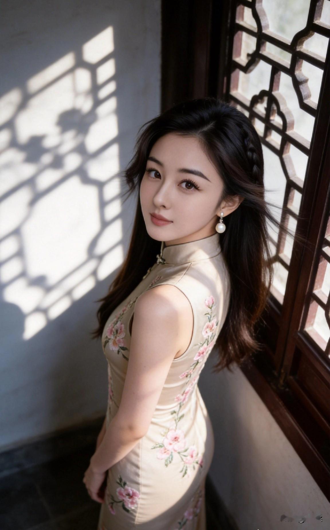 优雅旗袍少女，复古窗影映衬，韵味十足江南风旗袍照旗袍古典美女美女旗袍照