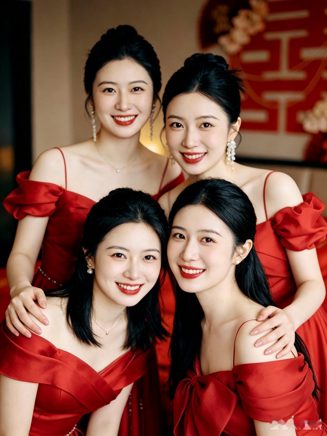 姐妹们穿红裙一起拍照，好开心！你能认出一位是单生女，请留言。只要二十万彩礼