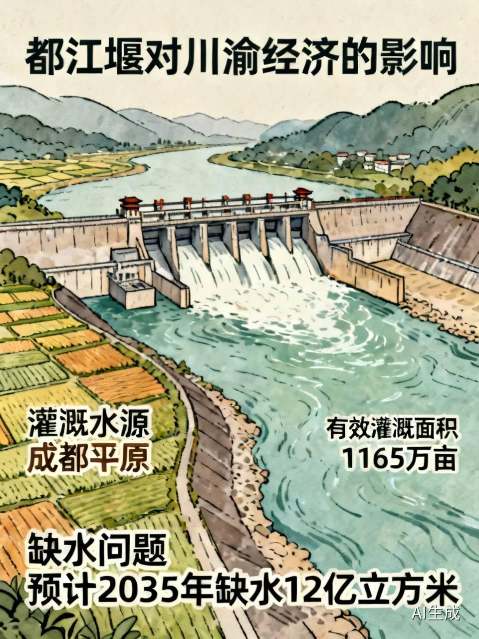 都江堰对川渝经济影响巨大。2200多年来，它为成都平原提供充足灌溉水源，造就“天