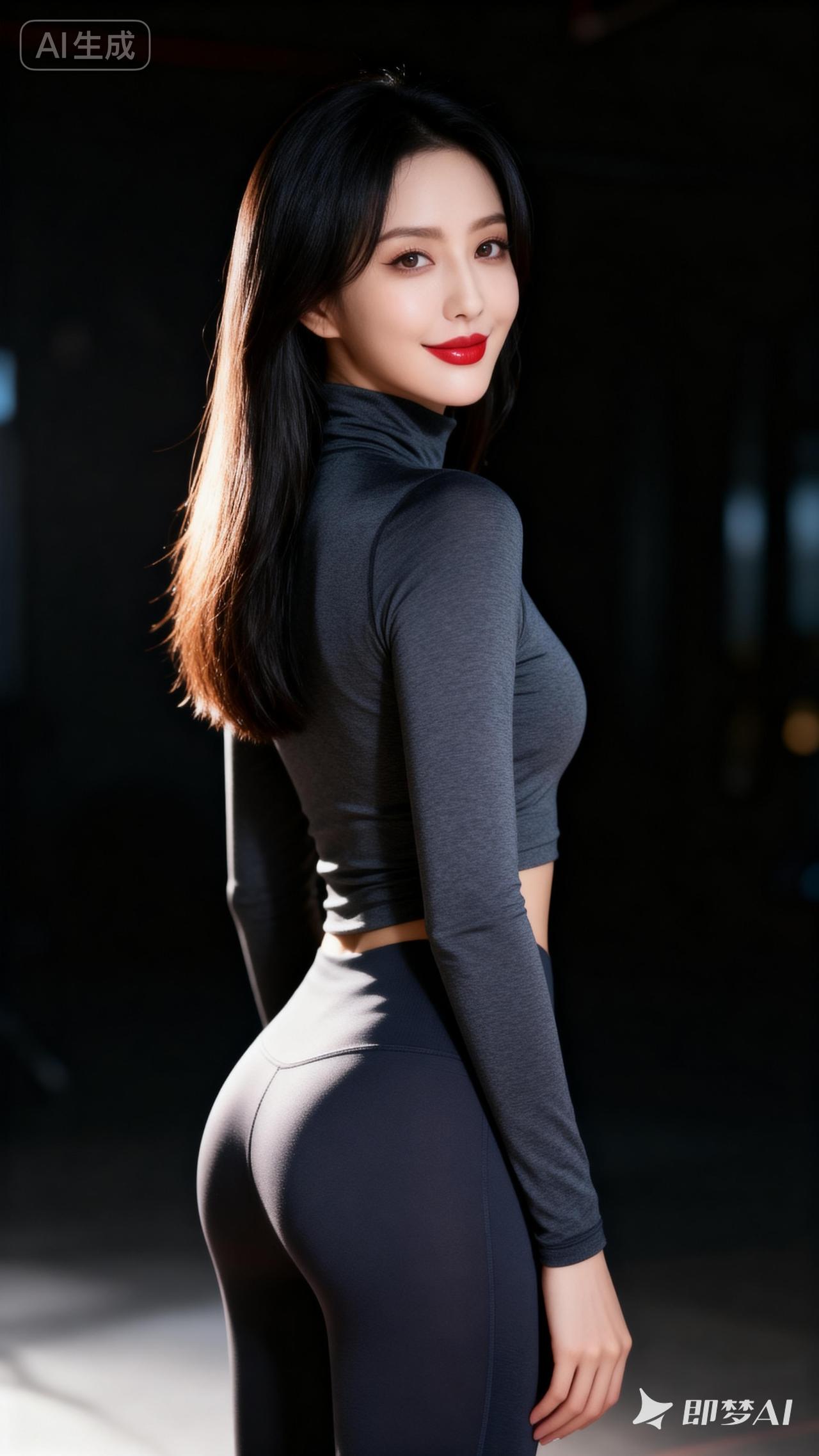 运动风穿搭，灰色紧身衣搭配黑色打底裤，展现完美身材！