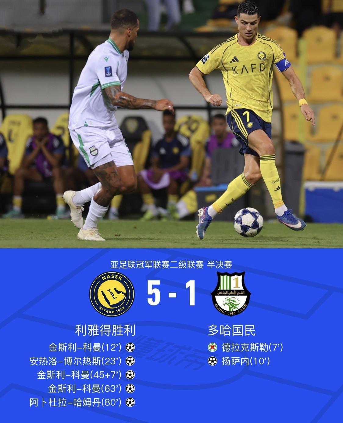 C罗被带飞，失单刀+躺进决赛，有望获得生涯首座亚洲洲际级别的冠军奖杯。决赛对手总